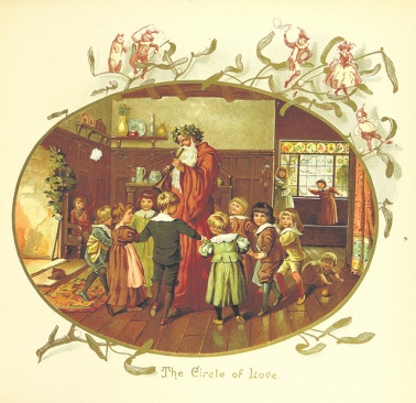 "Father Christmas" portrayed as a tall, white bearded man surrounded by children in front of a fire