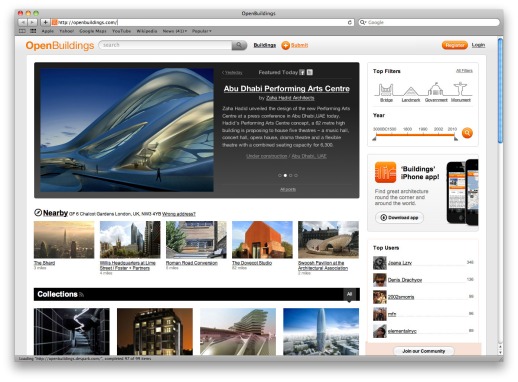 Open Buildings Homepage displaying Featured building.