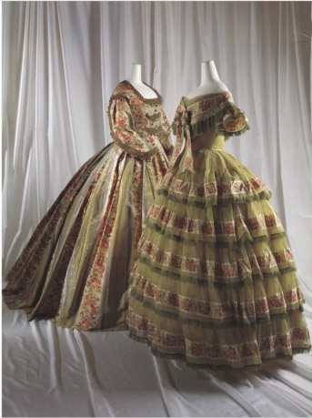 French Dress (Right, ca. 1864) and American Dress (Left, ca. 1856) from the Met's publication, "Bloom" (out-of-print).