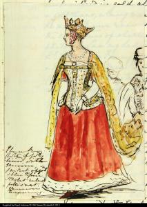 Queen Victoria in Bal Costumé outfit as Queen Philippa: pen and ink sketch with watercolour, by Queen Victoria (15.6 x 11.4 cm (sheet))