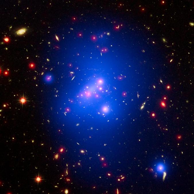 Evidence from this galaxy cluster, located 10 billion light-years from Earth, suggests that it collided/interacted with another massive galaxy system within the last 500 million years. This is not surprising, given that scientists are observing this cluster when the universe was only 3.8 billion years old--less than a third of its current age.